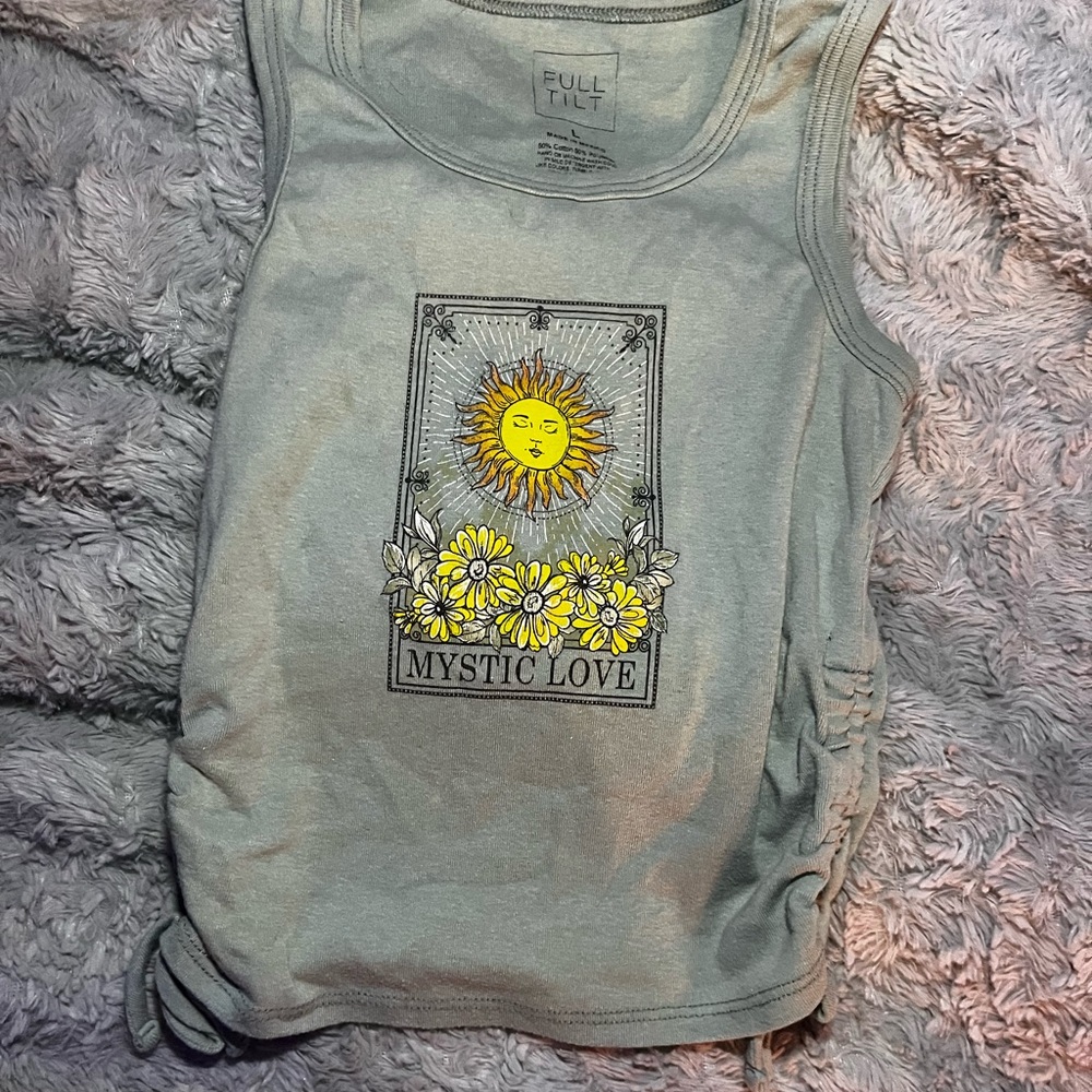 Full Tilt Kids Gray Tank Top with Yellow Sun and Floral Design